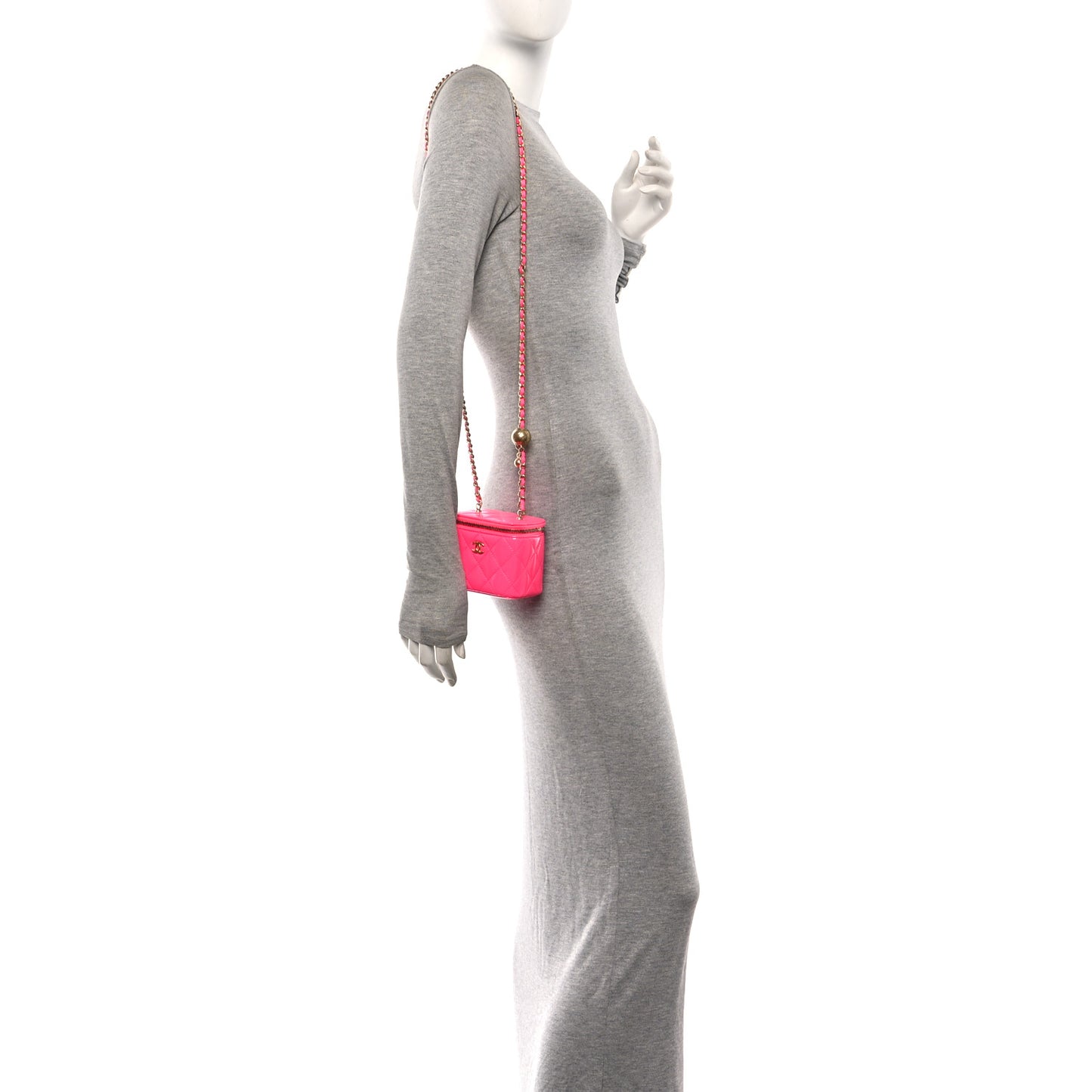 Patent Quilted Pearl Crush Mini Vanity Case With Chain Neon Pink