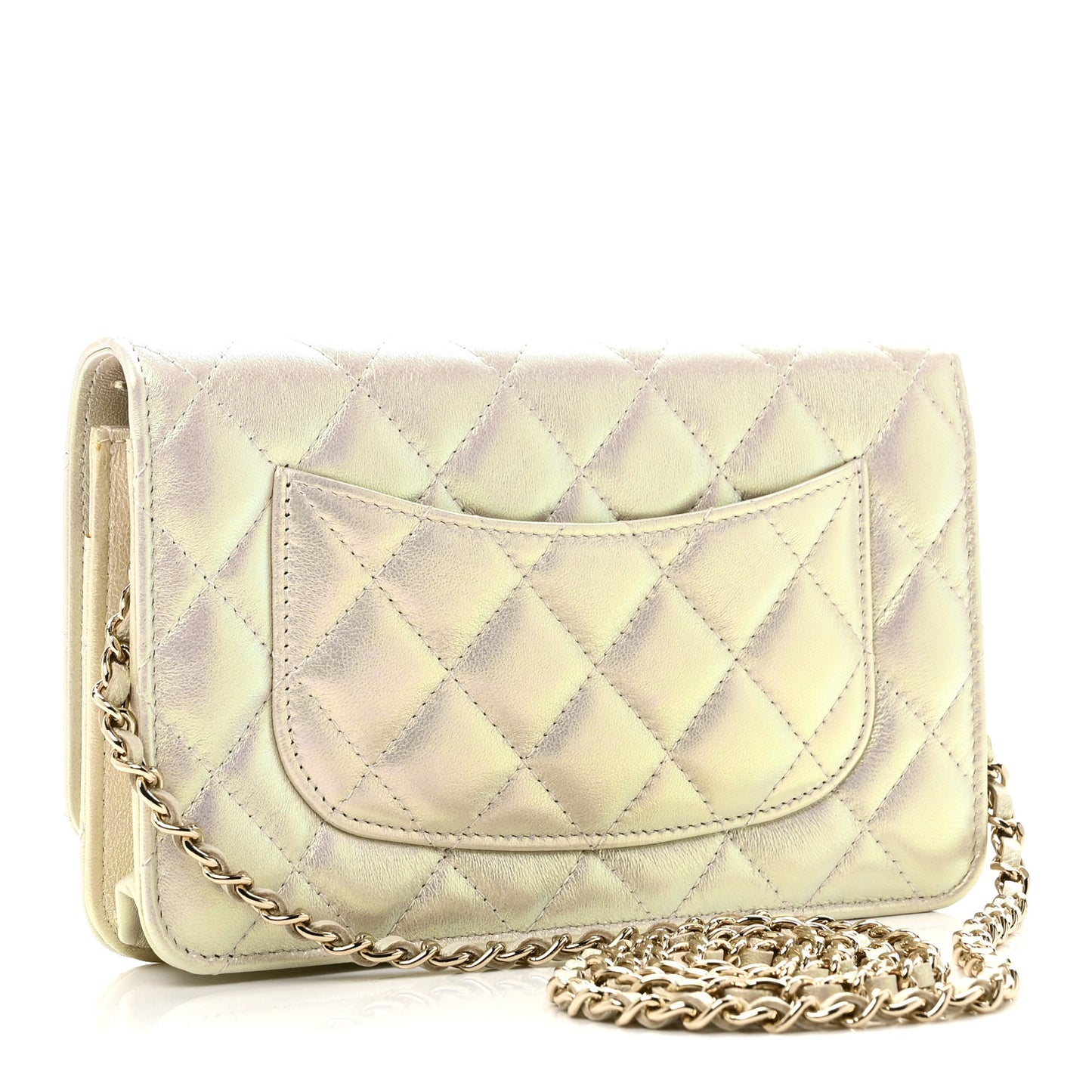 Iridescent Lambskin Quilted Wallet On Chain WOC Ivory