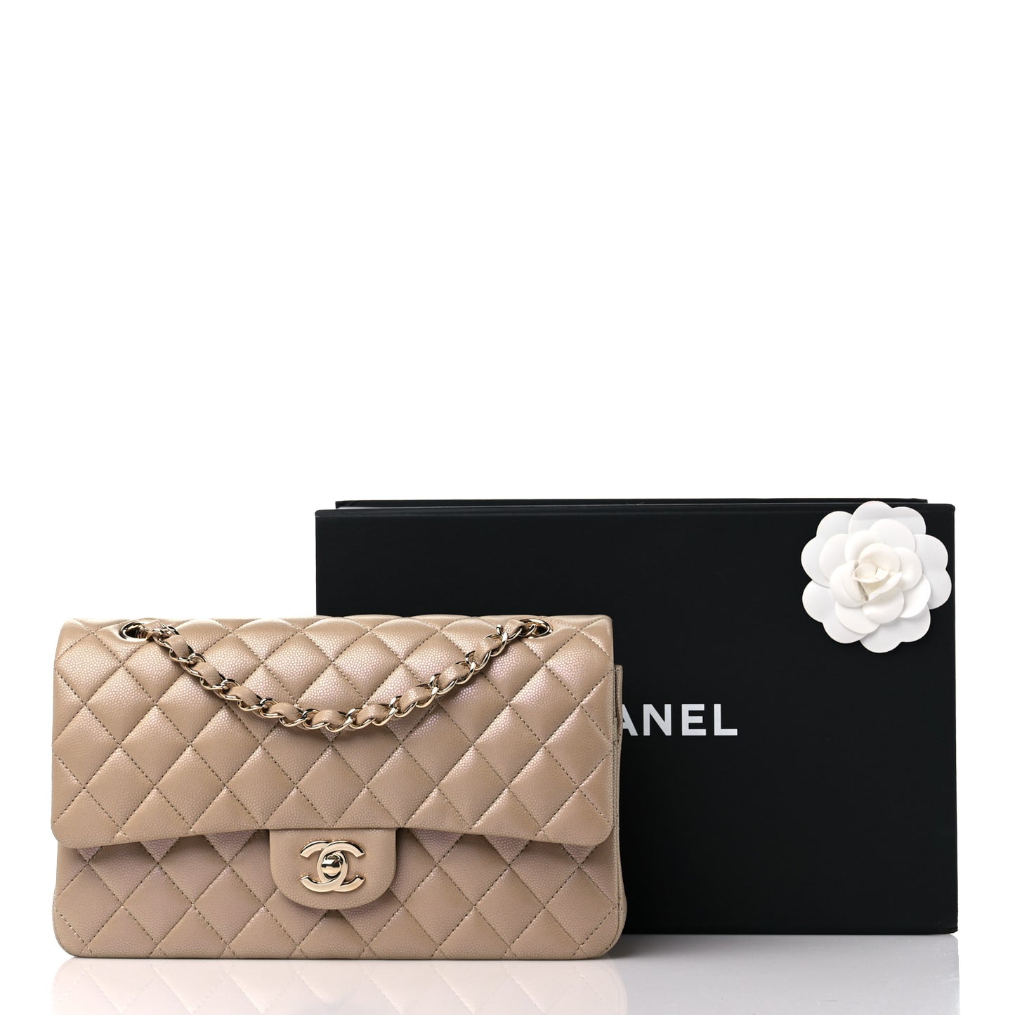 Iridescent Caviar Quilted Medium Double Flap Dark Beige