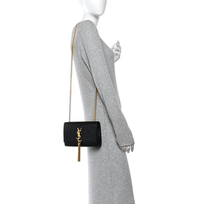 Saint Laurent Calfskin Crocodile Embossed Small Classic Monogram Kate Tassel Satchel Black 2 of 10