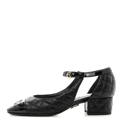 Chanel Lambskin Patent Quilted Cap Toe Mary Jane Flats 37 Black 1 of 8