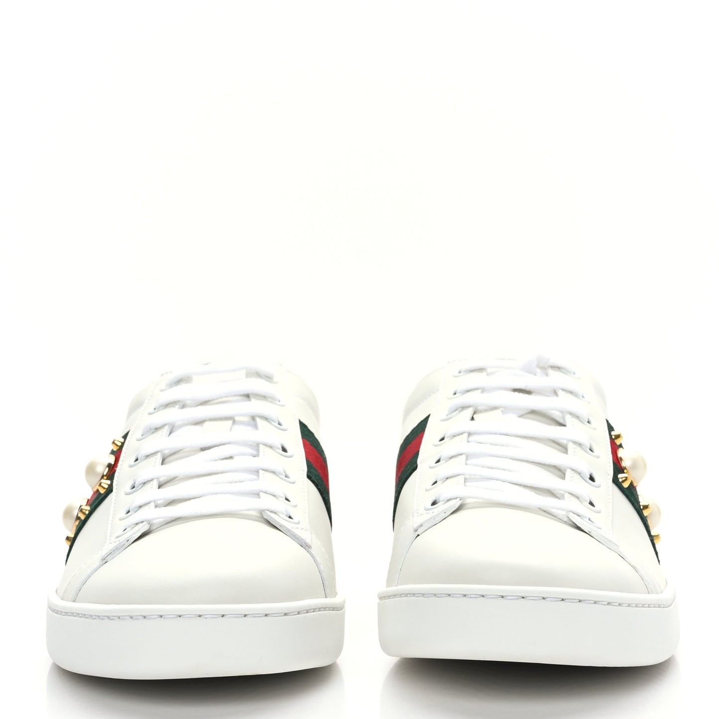 Calfskin Web Pearl Studded Womens Ace Sneakers 40 White