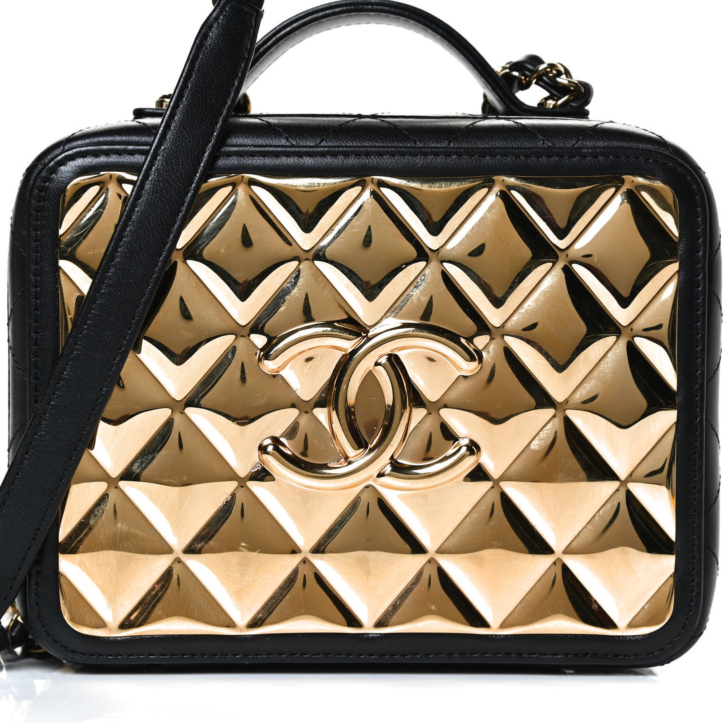 Lambskin Metal Quilted Golden Plate Vanity Case Black Golden Plate Vanity Case Black Gold
