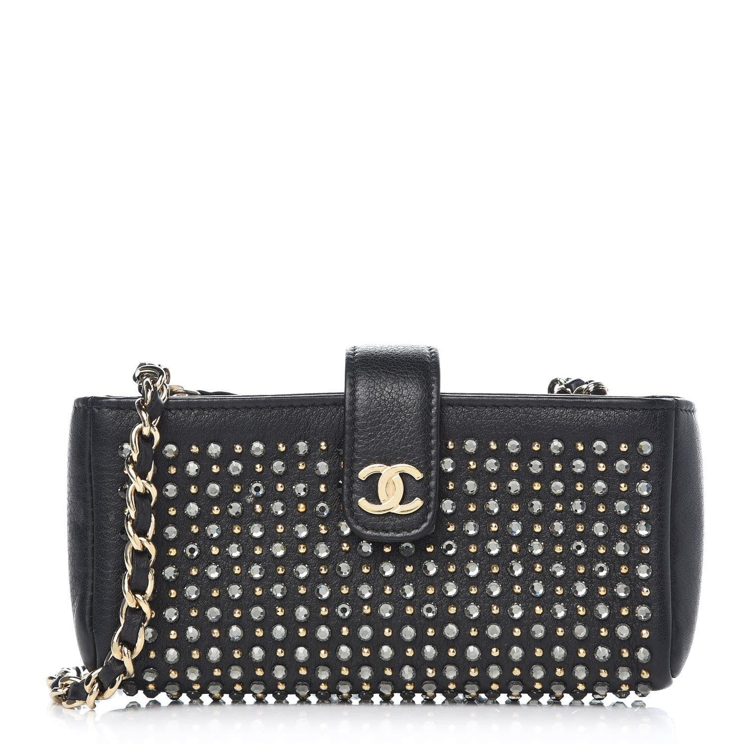 Chanel Calfskin Strass Studded Mini Phone Holder Clutch Black 1 of 8