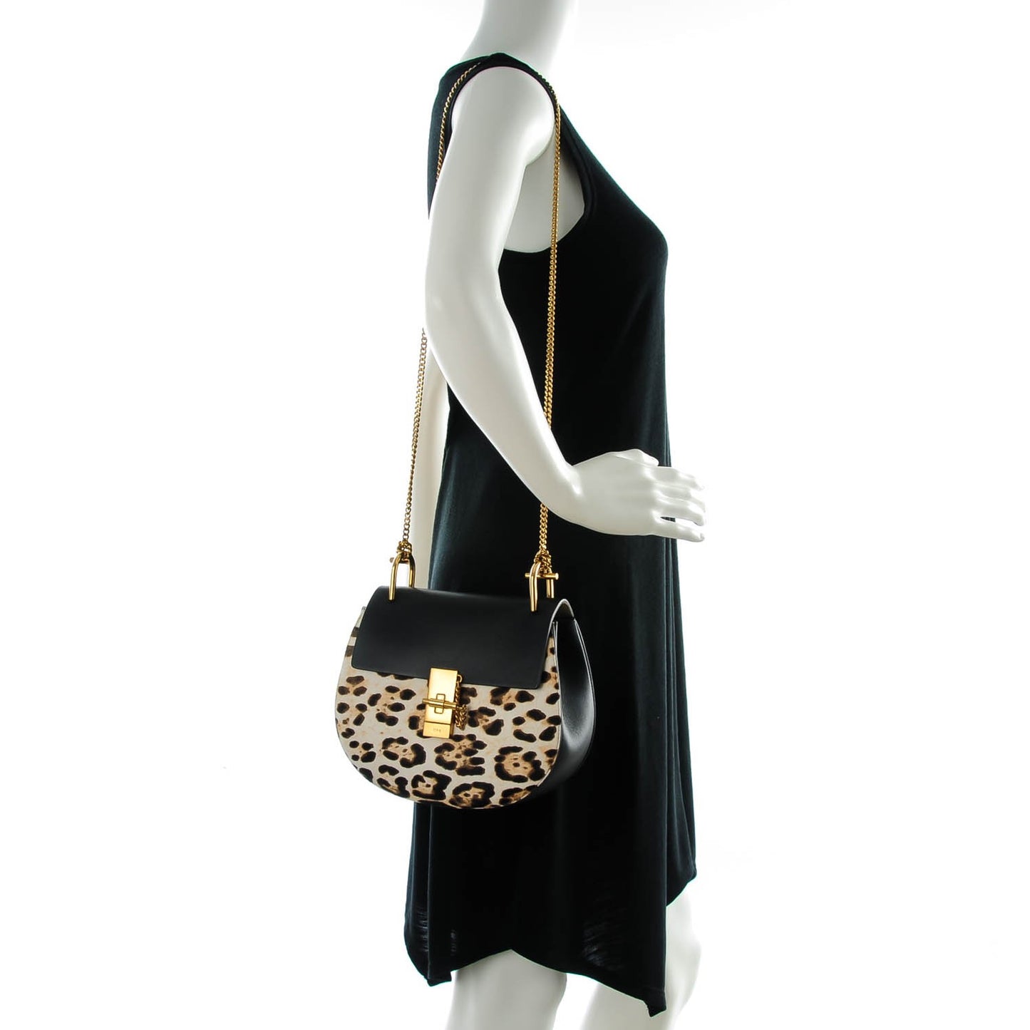 Calfskin Calf Hair Leopard Print Mini Drew Shoulder Bag Black