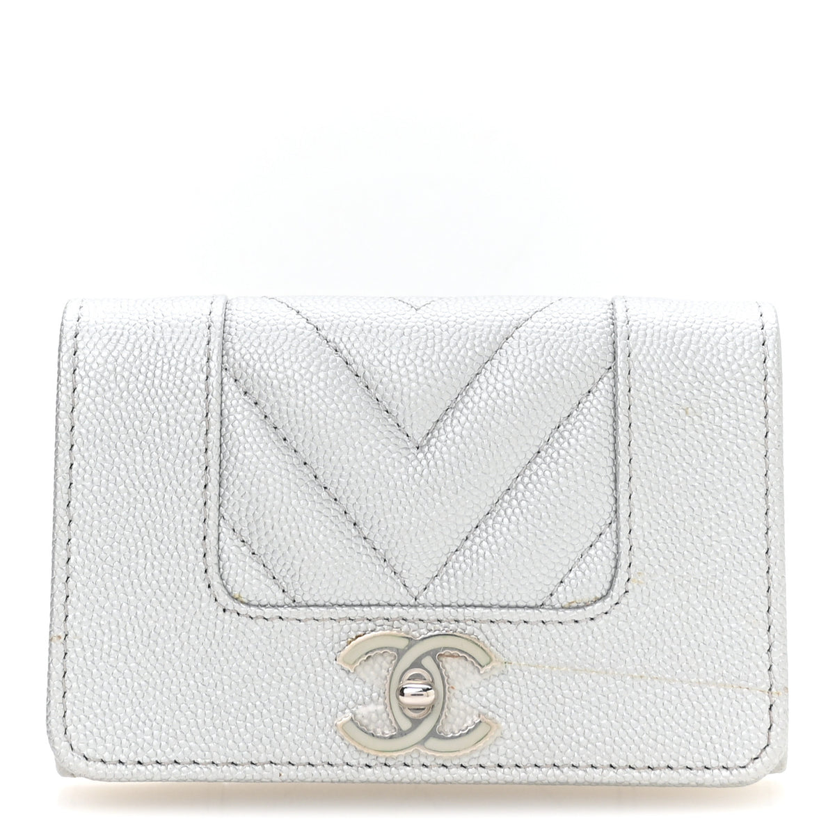 Metallic Caviar Chevron Quilted Vintage Mademoiselle Flap Card Holder Silver