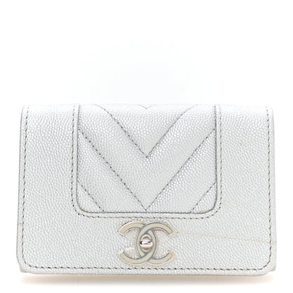 Chanel Metallic Caviar Chevron Quilted Vintage Mademoiselle Flap Card Holder Silver 1 of 8