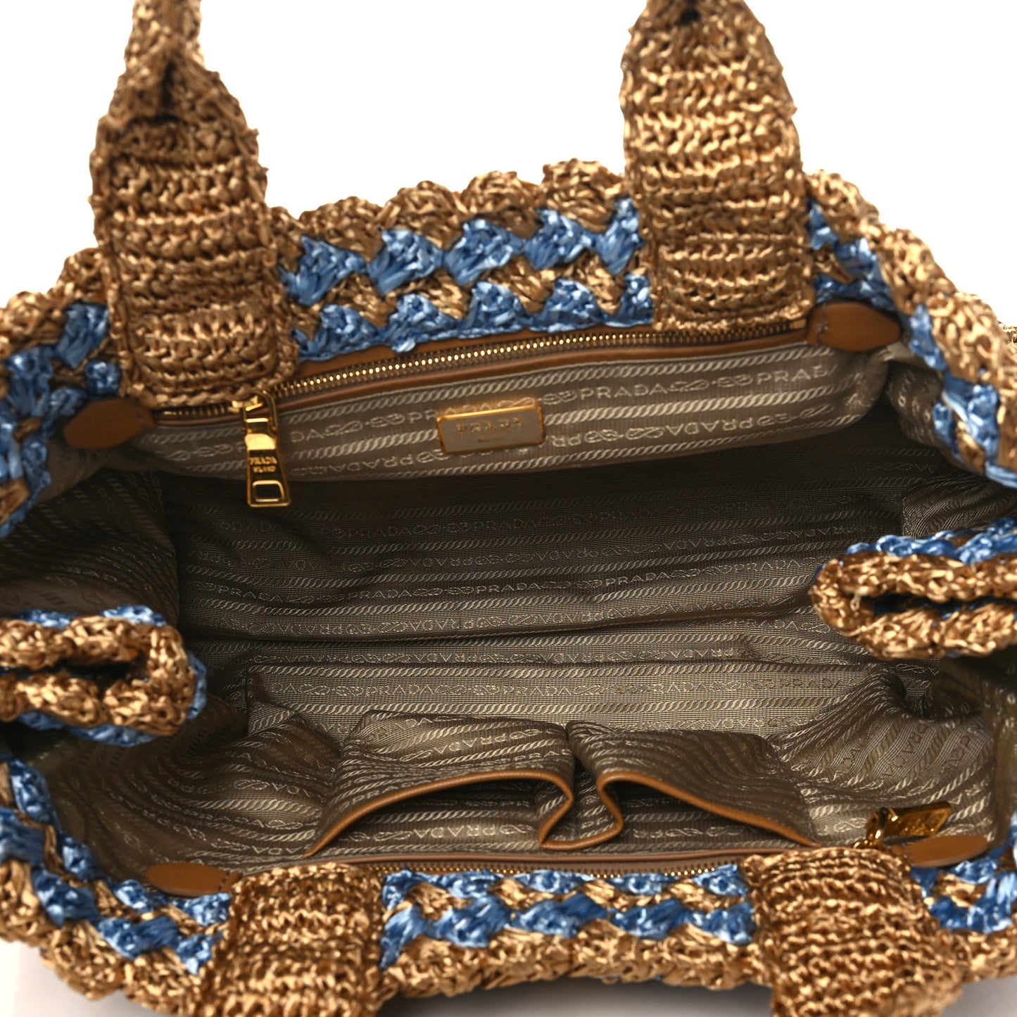Raffia Crochet Bi-Color Medium Tote Blue