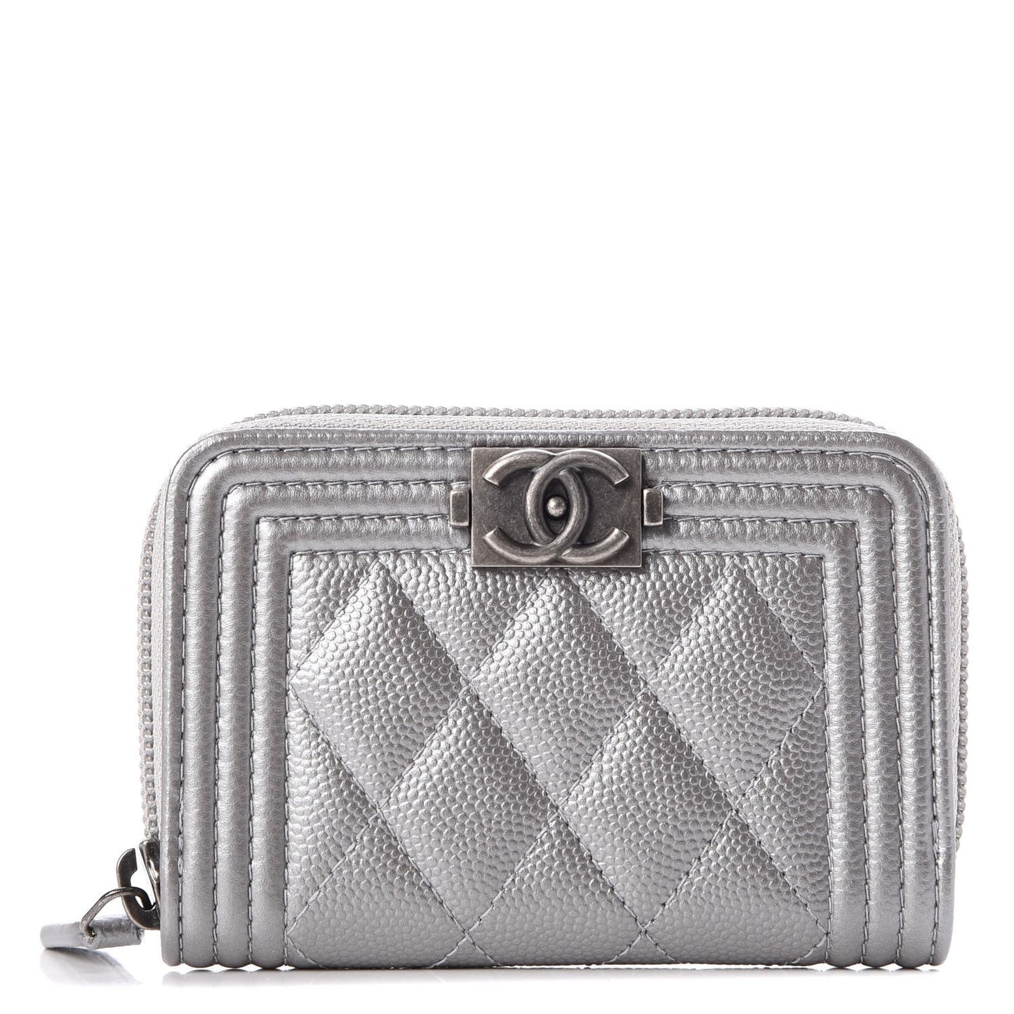 Metallic Caviar Quilted Boy Zip Around Coin Purse Wallet Silver