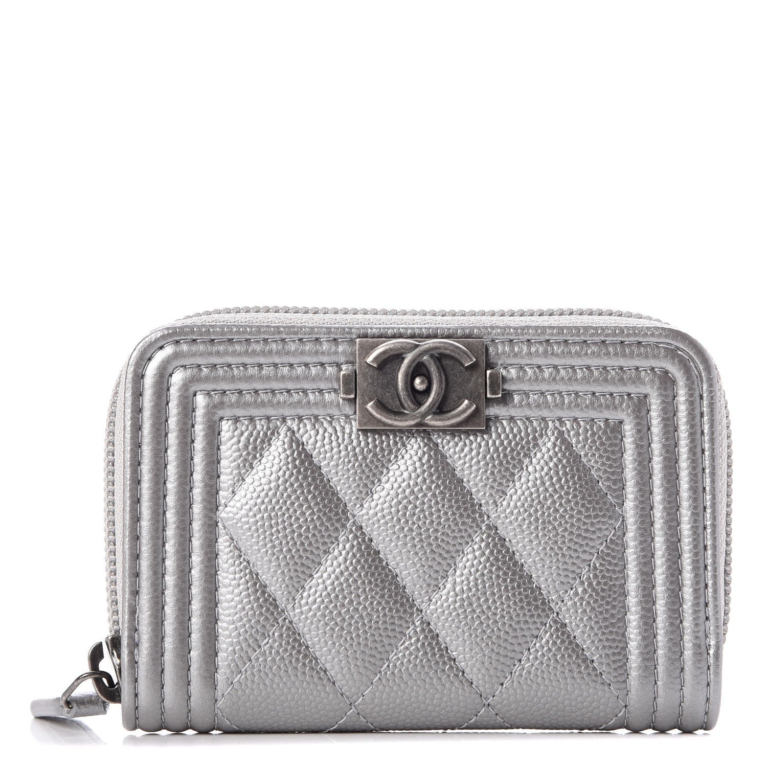 Chanel Metallic Caviar Quilted Boy Zip Around Coin Purse Wallet Silver 1 of 9
