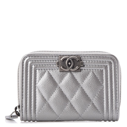 Chanel Metallic Caviar Quilted Boy Zip Around Coin Purse Wallet Silver 1 of 9