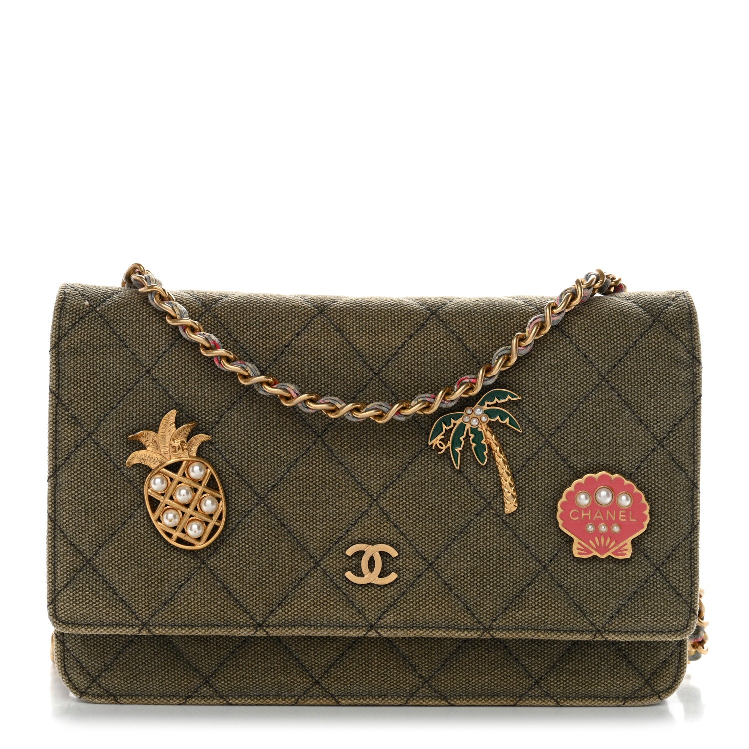 Chanel Canvas Quilted Coco Cuba Charms Wallet on Chain WOC Khaki 1 of 10