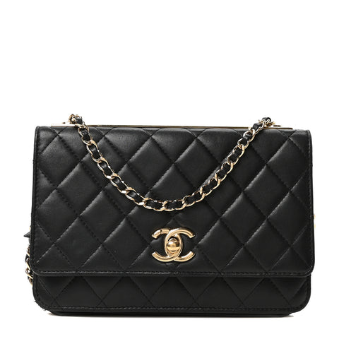 Lambskin Quilted Trendy CC Wallet On Chain WOC Black