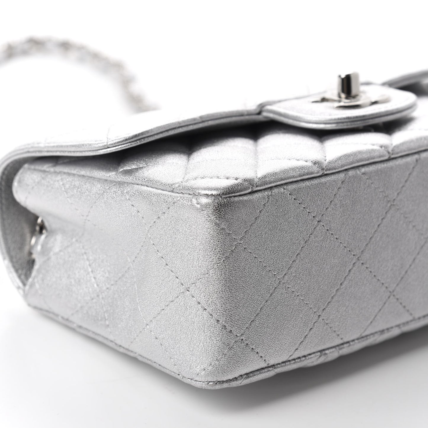 Metallic Lambskin Quilted Mini Rectangular Flap Silver