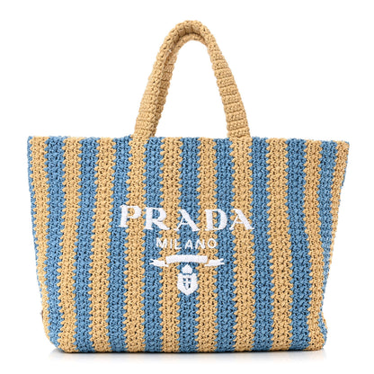 Prada Yarn Raffia Effect Crochet Striped Large Logo Tote Naturale Celeste 1 of 10