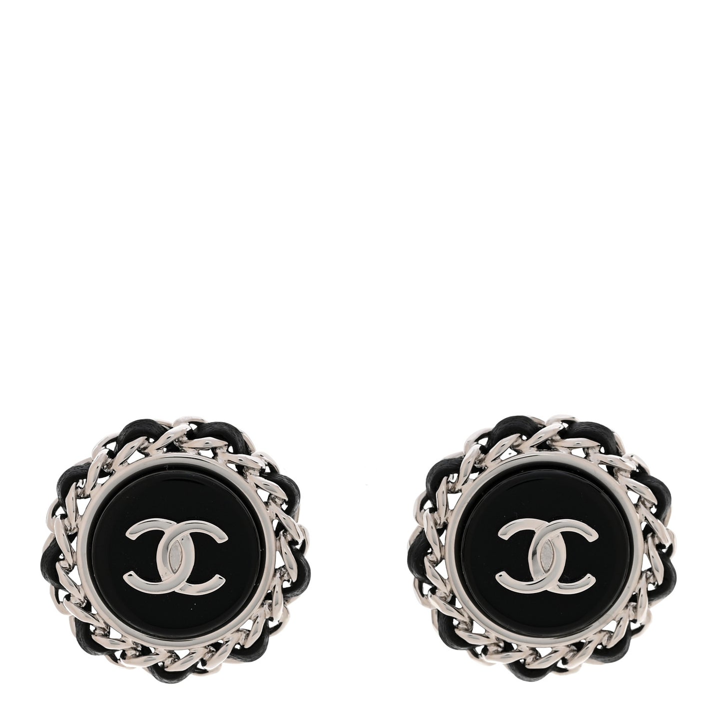 Metal Enamel Lambskin CC Round Earrings Black Silver