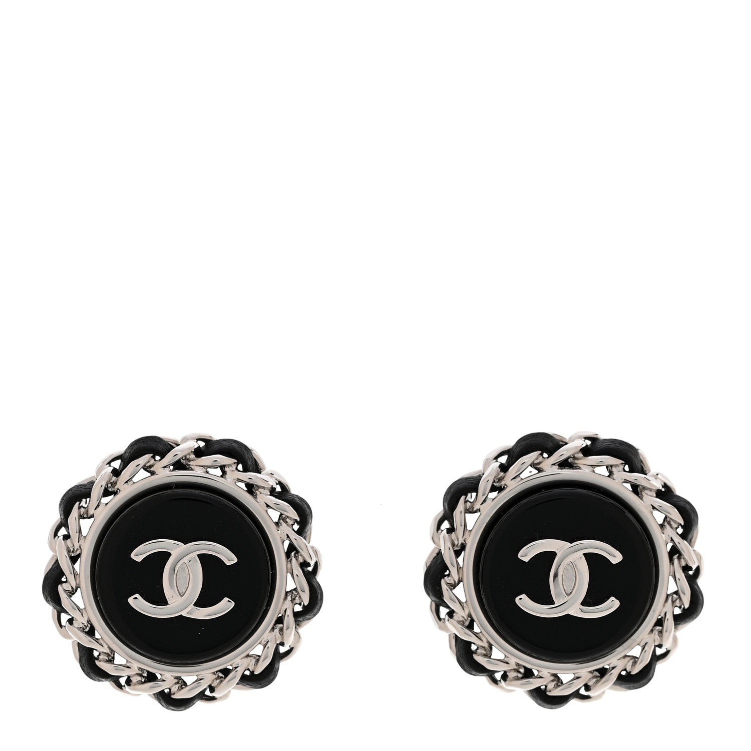 Chanel Metal Enamel Lambskin CC Round Earrings Black Silver 1 of 5