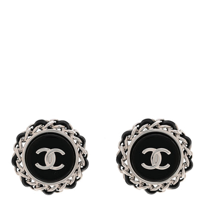 Chanel Metal Enamel Lambskin CC Round Earrings Black Silver 1 of 5