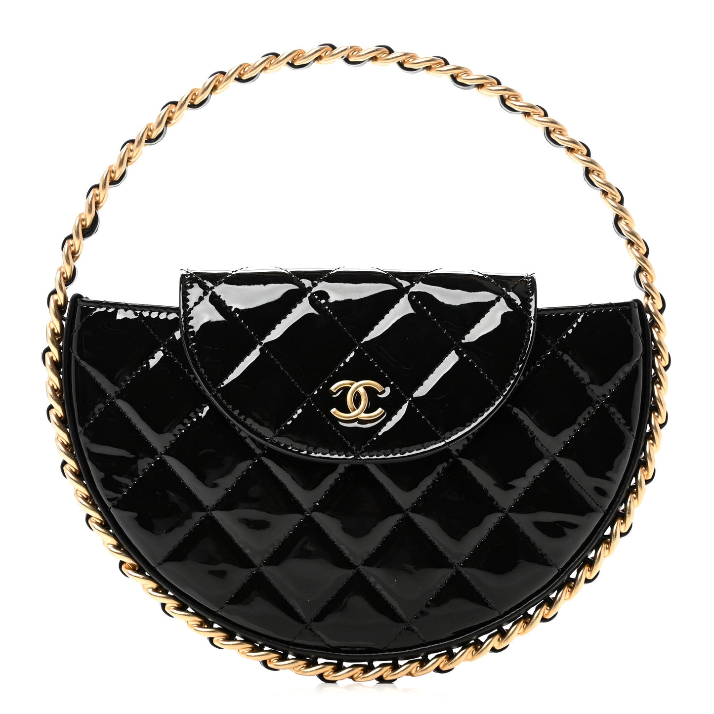 Patent Calfskin Quilted Chain Hoop Bag Black