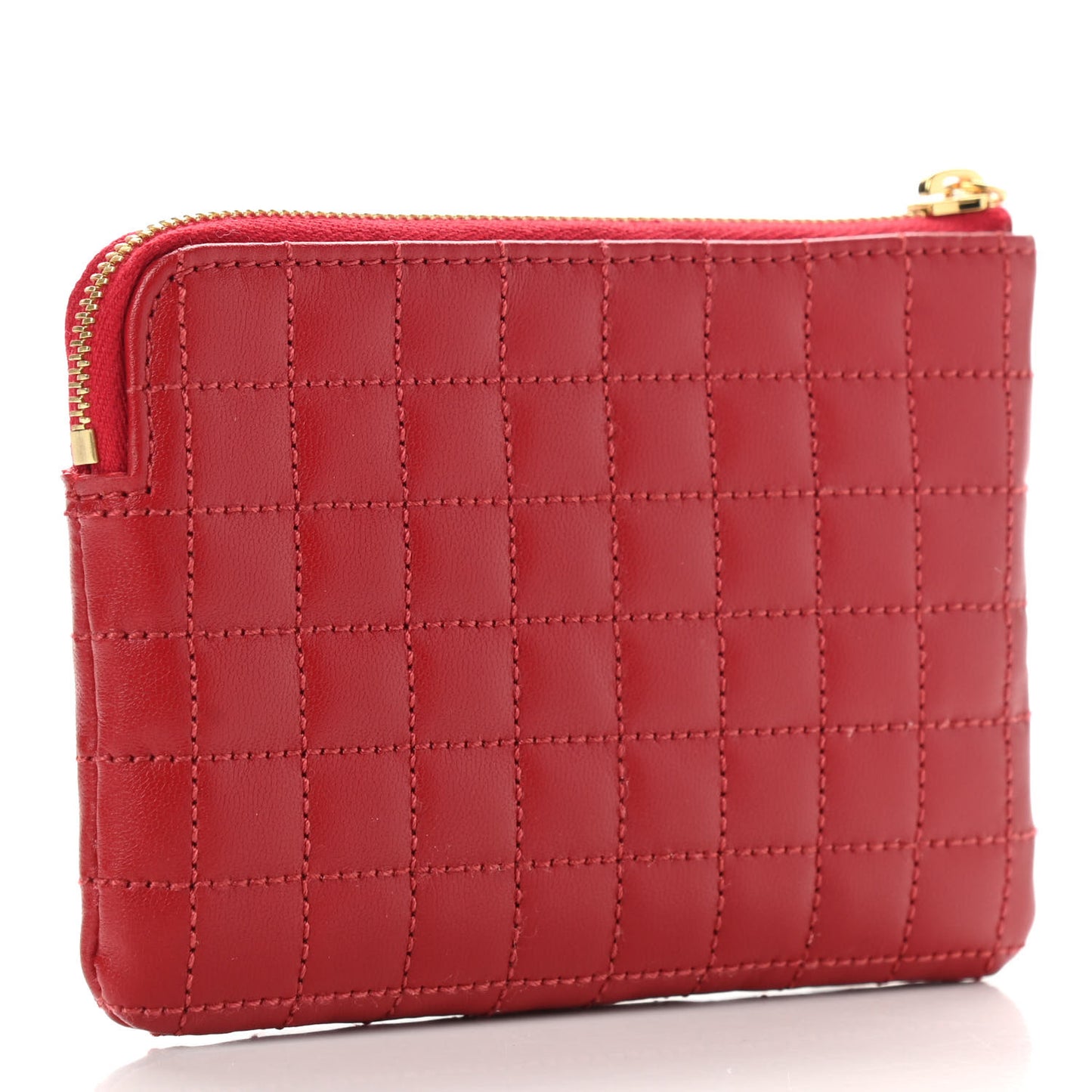 Calfskin Quilted C Charm Coin Card Pouch Red