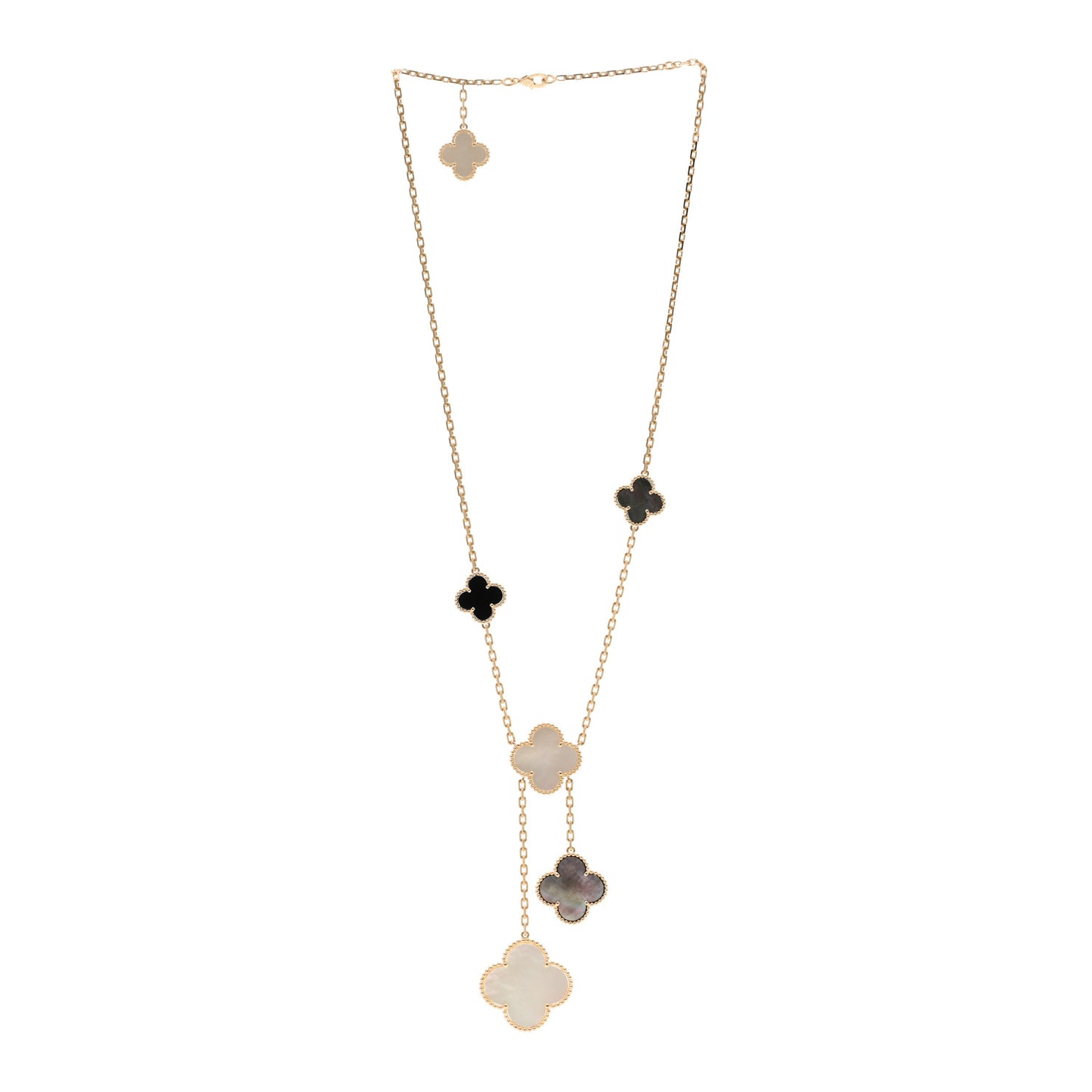 18K Yellow Gold Mother of Pearl Onyx 6 Motifs Magic Alhambra Necklace
