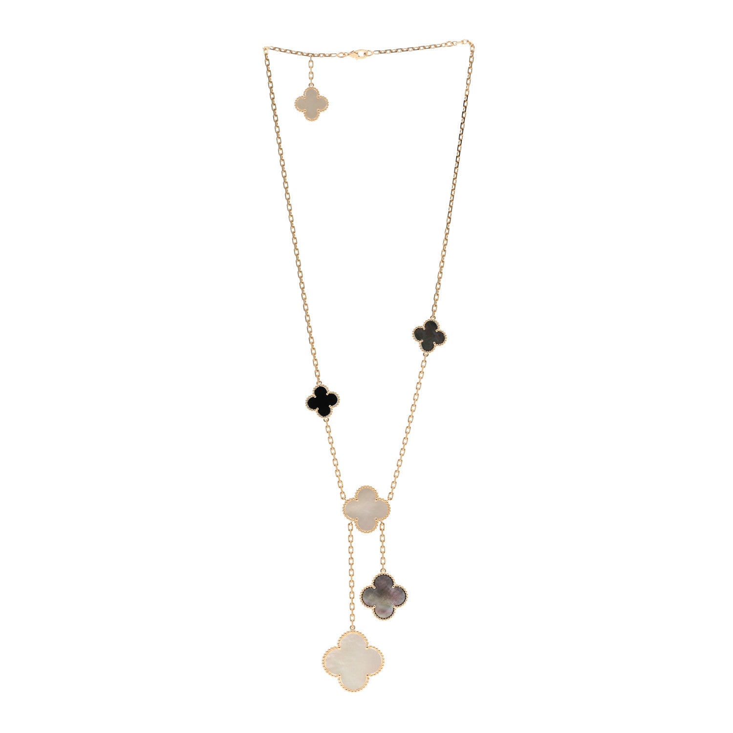 Van Cleef & Arpels 18K Yellow Gold Mother of Pearl Onyx 6 Motifs Magic Alhambra Necklace 3 of 4