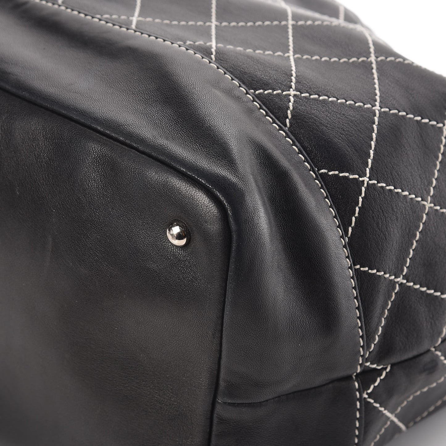 Lambskin Contrast Stitch Large Drawstring Tote Black