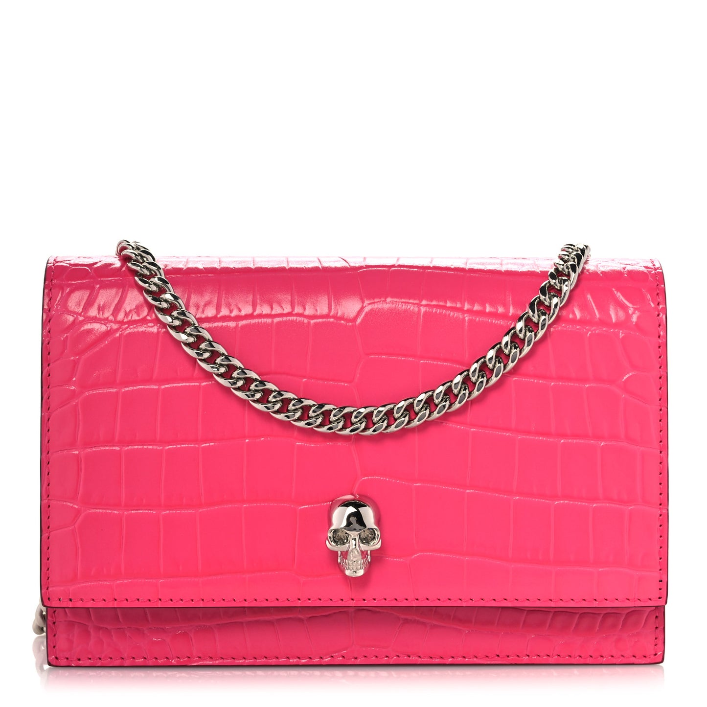 Calfskin Crocodile Embossed Skull Mini Crossbody Bag Pink