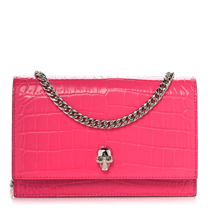 Alexander McQueen Calfskin Crocodile Embossed Skull Mini Crossbody Bag Pink 1 of 8