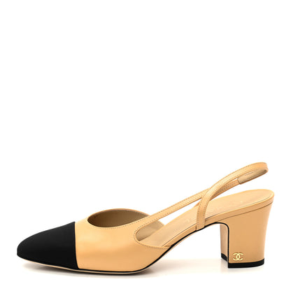 Chanel Goatskin Grosgrain Cap Toe CC Slingback Pumps 41 Beige Black 1 of 8
