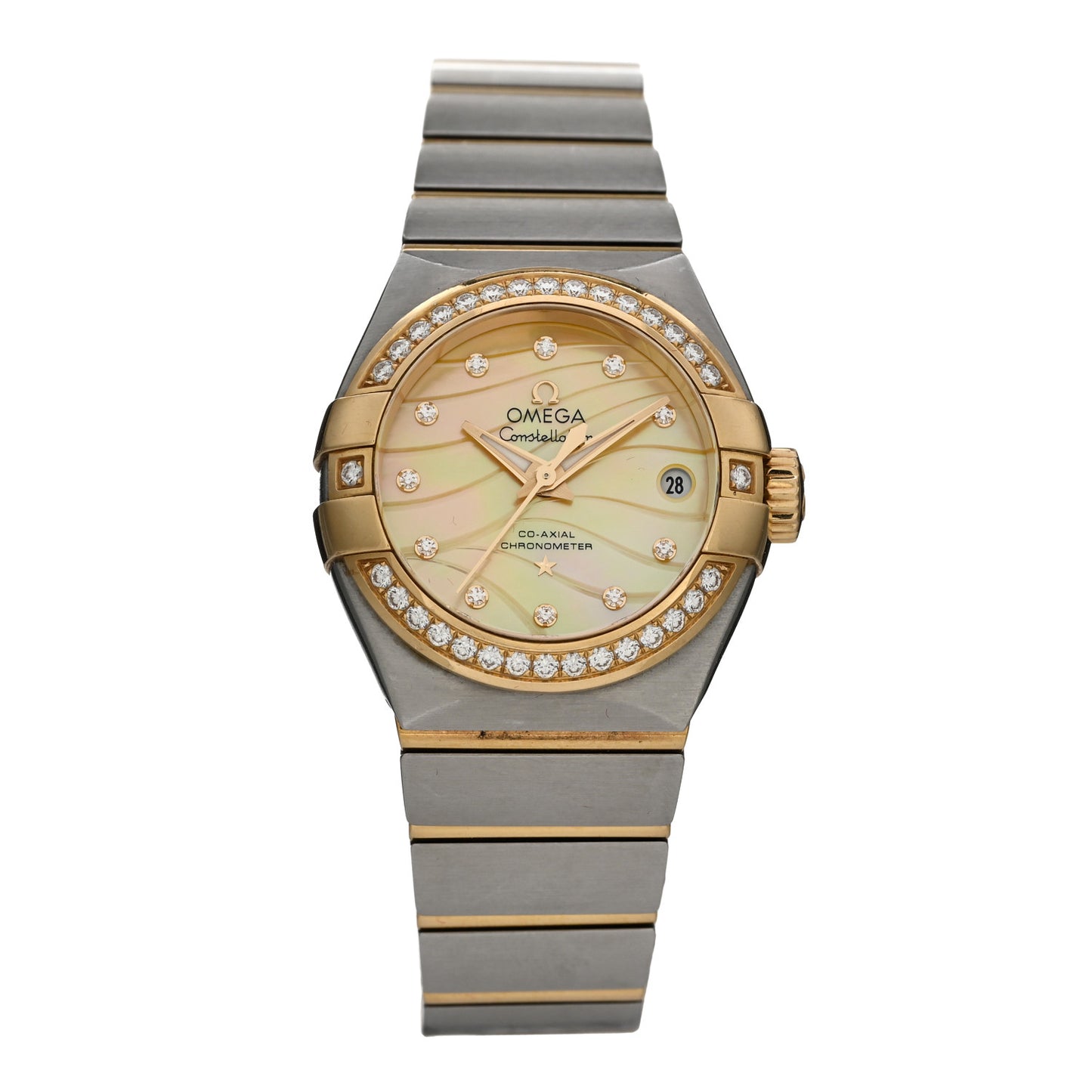 Stainless Steel 18K Yellow Gold Diamond Bezel Yellow Mother of Pearl 27mm Constellation Automatic Watch 123.25.27.20.57.002