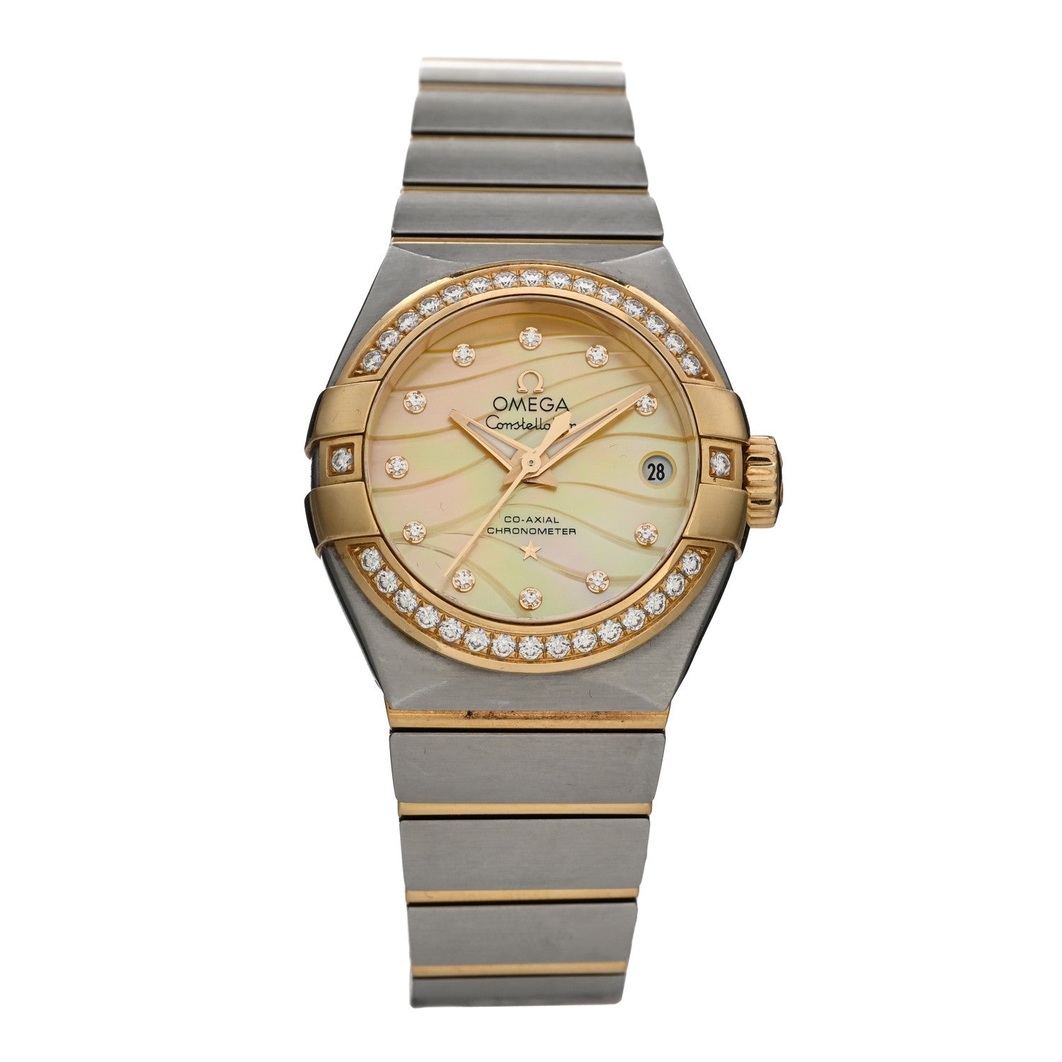 Omega Stainless Steel 18K Yellow Gold Diamond Bezel Yellow Mother of Pearl 27mm Constellation Automatic Watch 123.25.27.20.57.002 1 of 4