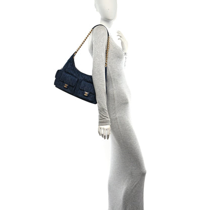 Chanel Washed Denim Quilted Large Trendy Pockets Hobo Dark Blue 2 of 11