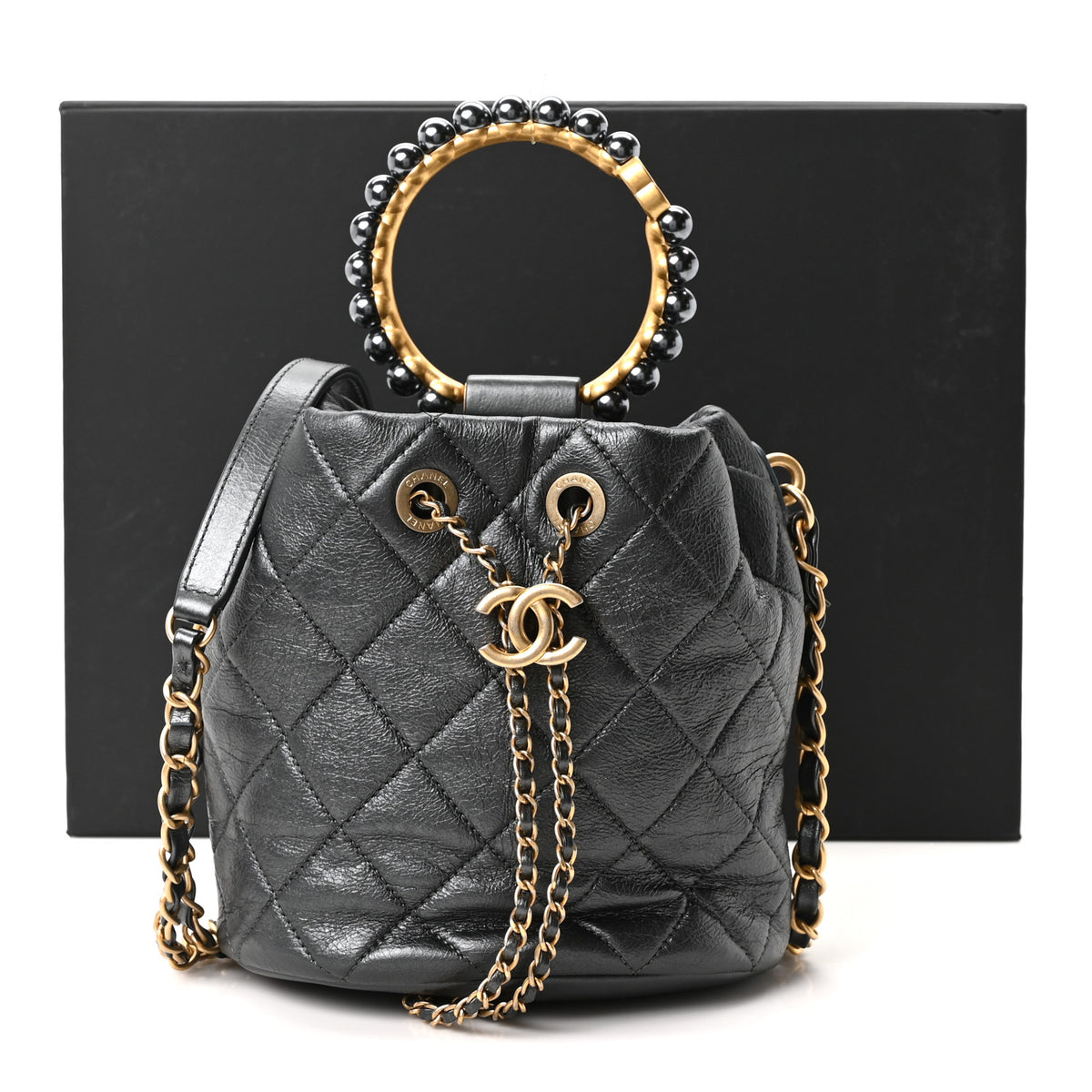 Chanel Metallic Lambskin Quilted Pearl Crown Drawstring Bag Anthracite 11 of 11