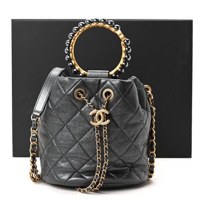 Chanel Metallic Lambskin Quilted Pearl Crown Drawstring Bag Anthracite 11 of 11