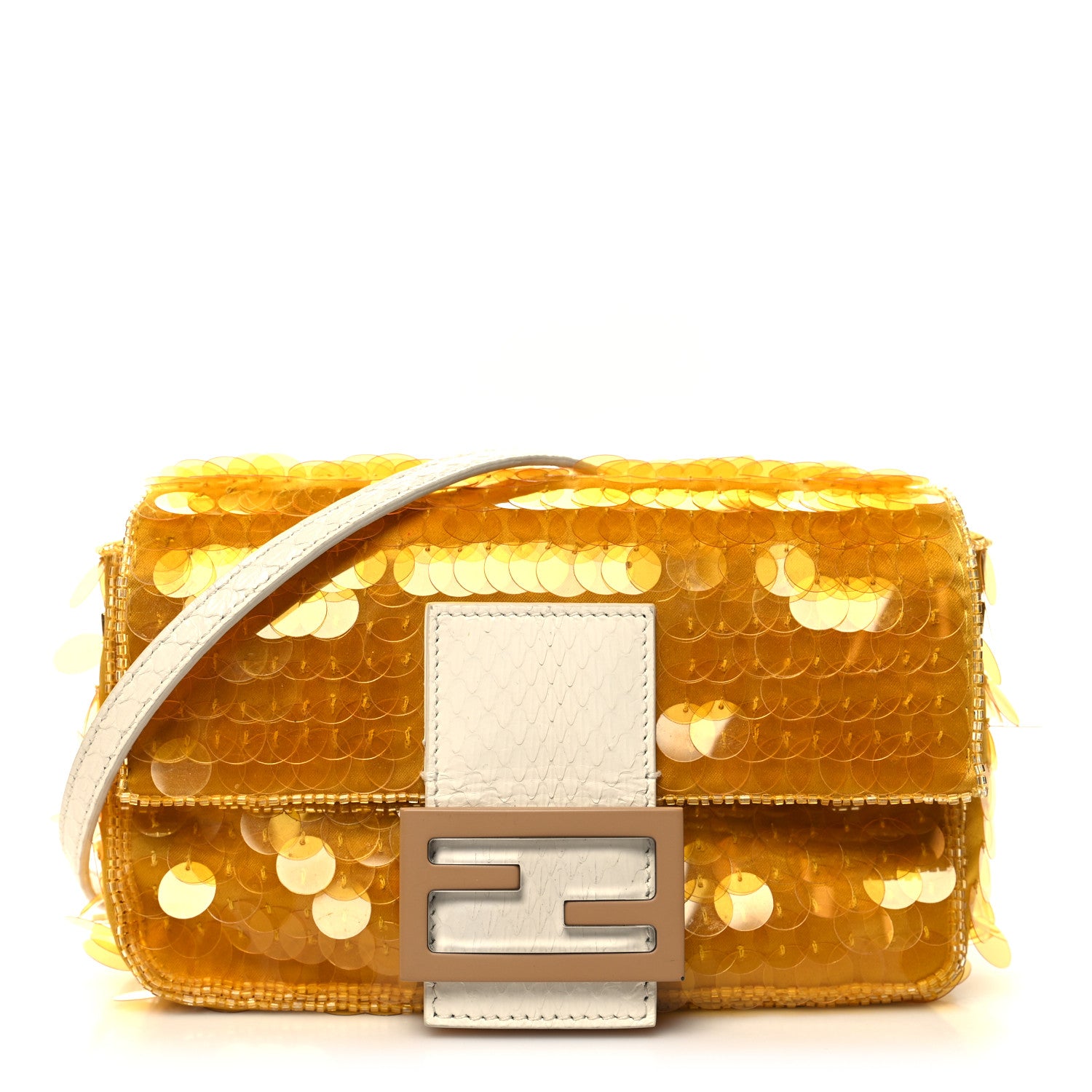 Fendi Satin Sequin Paillettes Elaphe Plexiglass Mini Baguette 1997 Giallo Avorio 1 of 13