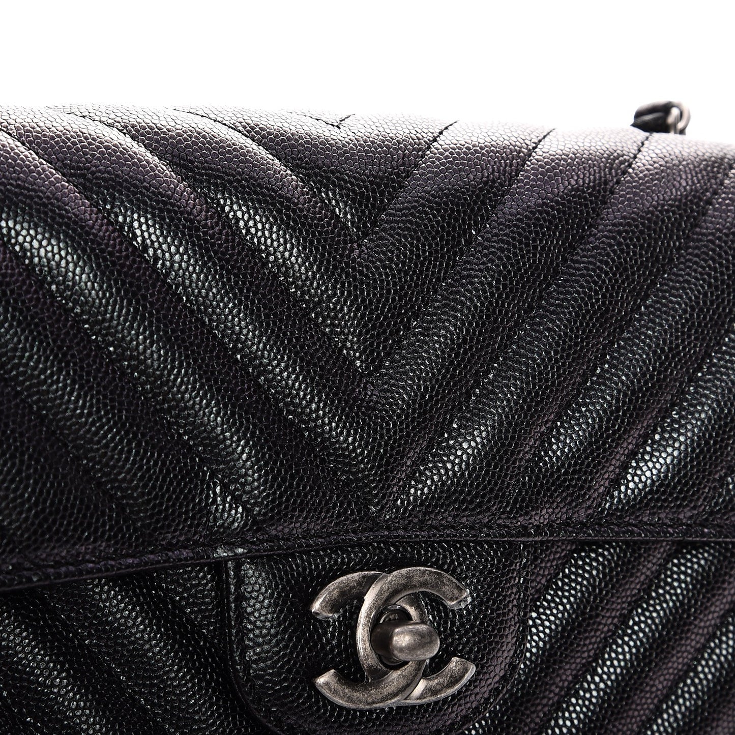 Iridescent Caviar Chevron Quilted Mini Rectangular Flap Black