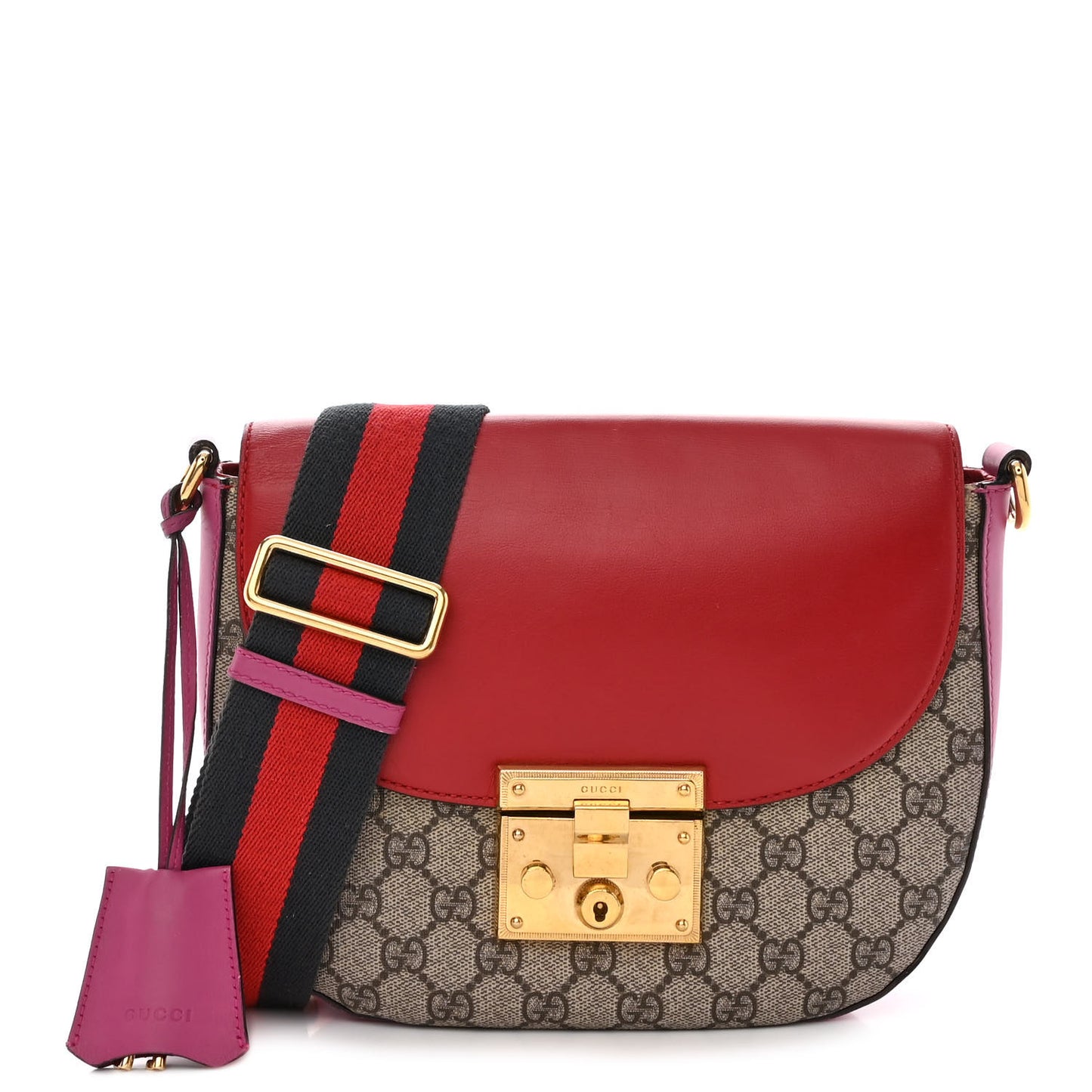 GG Supreme Monogram Calfskin Web Medium Padlock Messenger Shoulder Bag Beige Hibiscus Red New Rosette