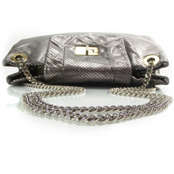 Metallic Crackled Calfskin Perforated Drill Shoulder Bag Silver