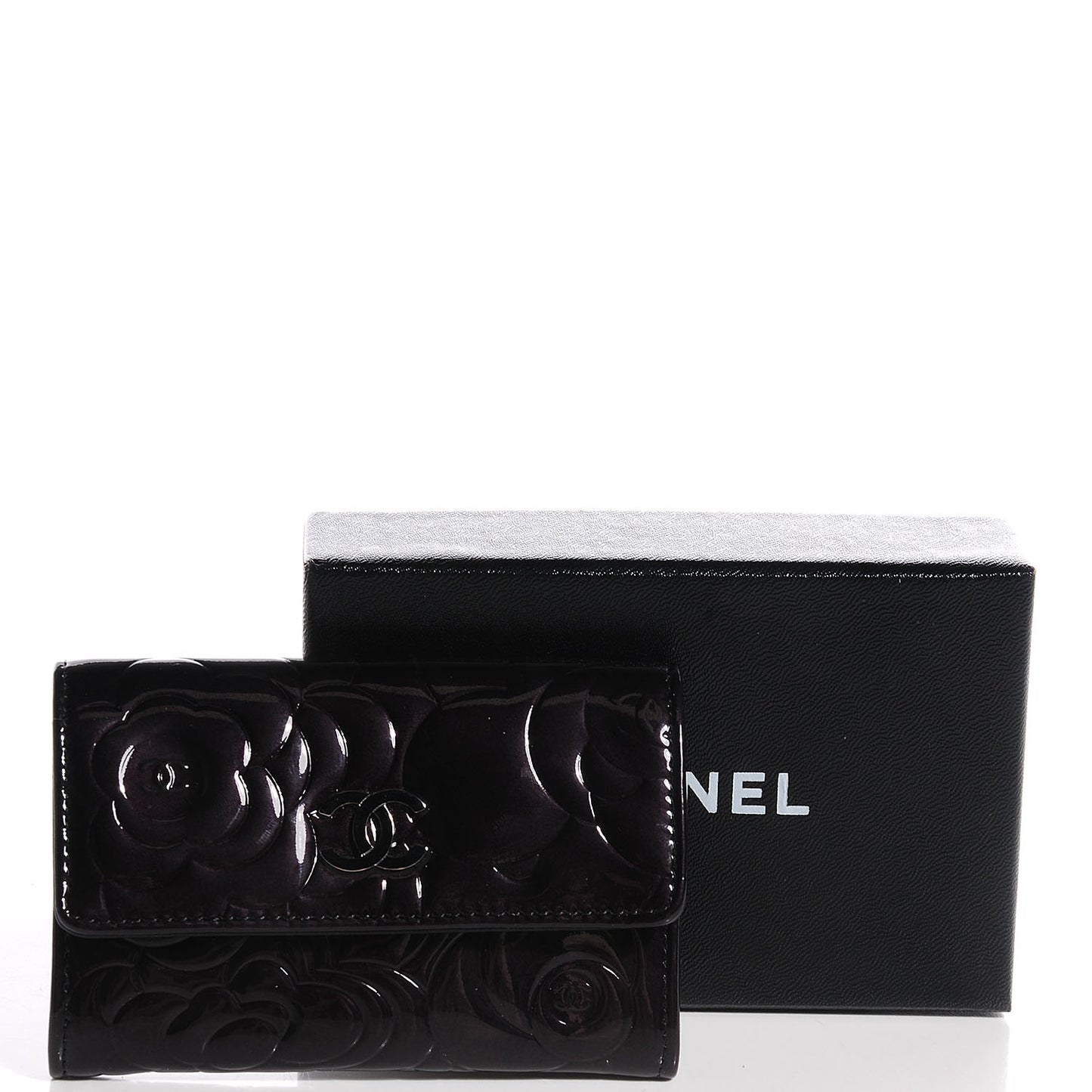 Patent Camellia Embossed Card Holder Black