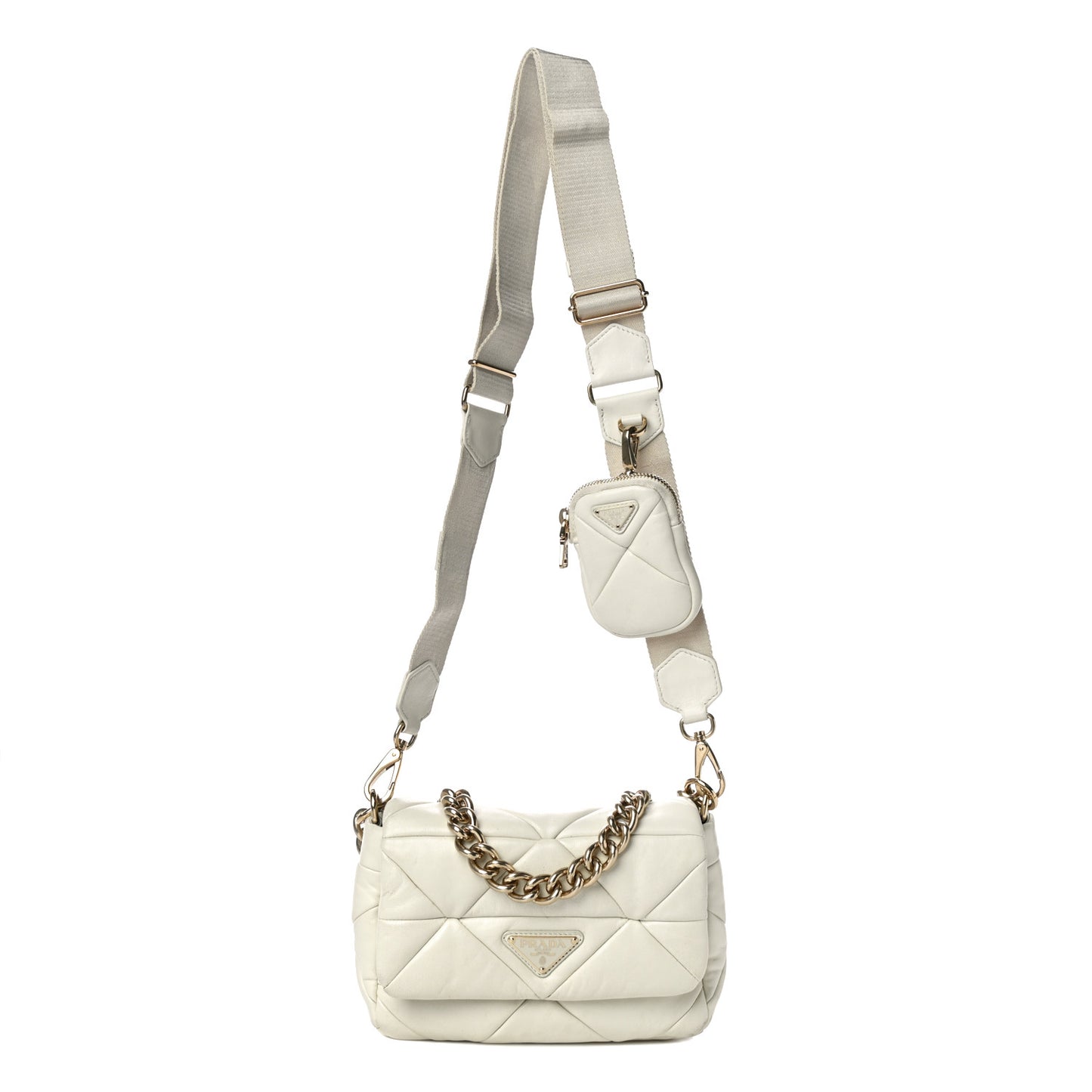 Nappa Re-Nylon Triangle Quilted Patchwork System Flap Shoulder Bag White