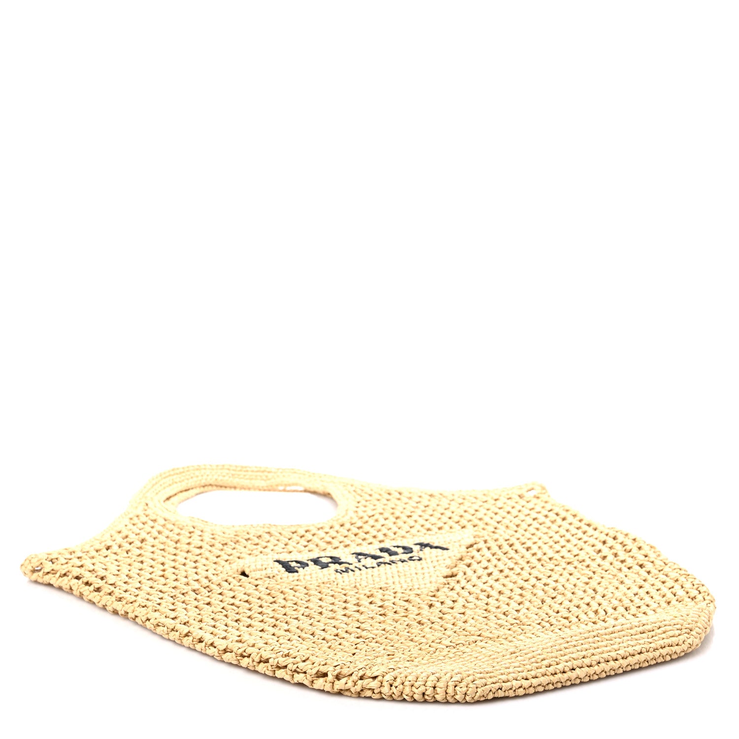 Prada Yarn Raffia Effect Crochet Logo Embroidered Shopping Tote Bag Naturale 4 of 9