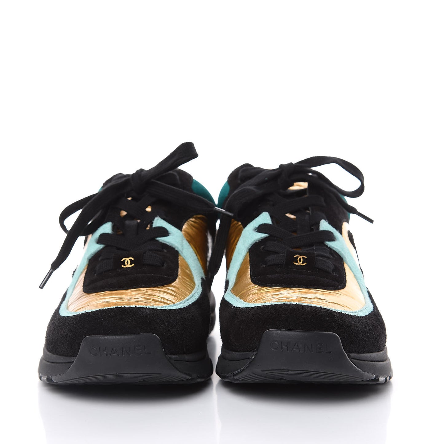 Fabric Calfskin Suede CC Womens Sneakers 38.5 Black Turquoise Gold