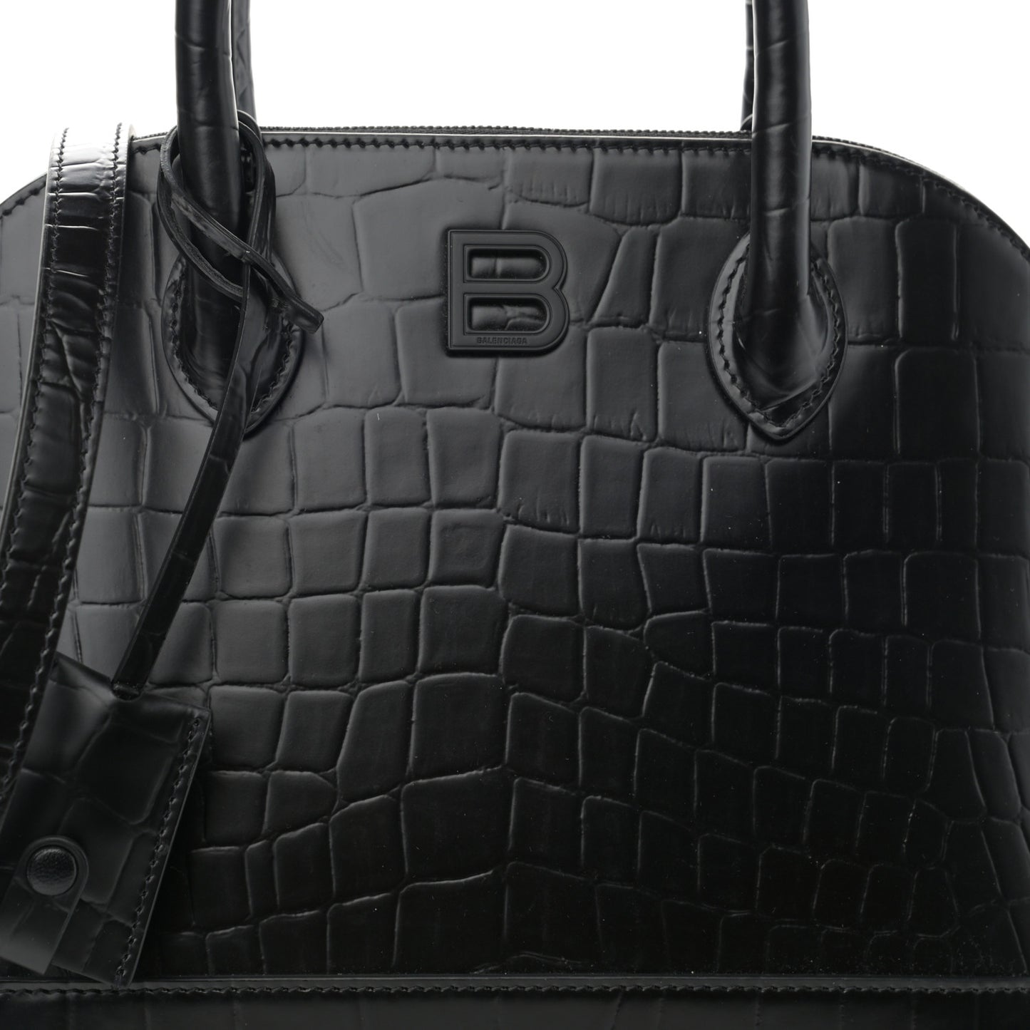 Calfskin Crocodile Embossed S Rivet Ville Top Handle Bag Black