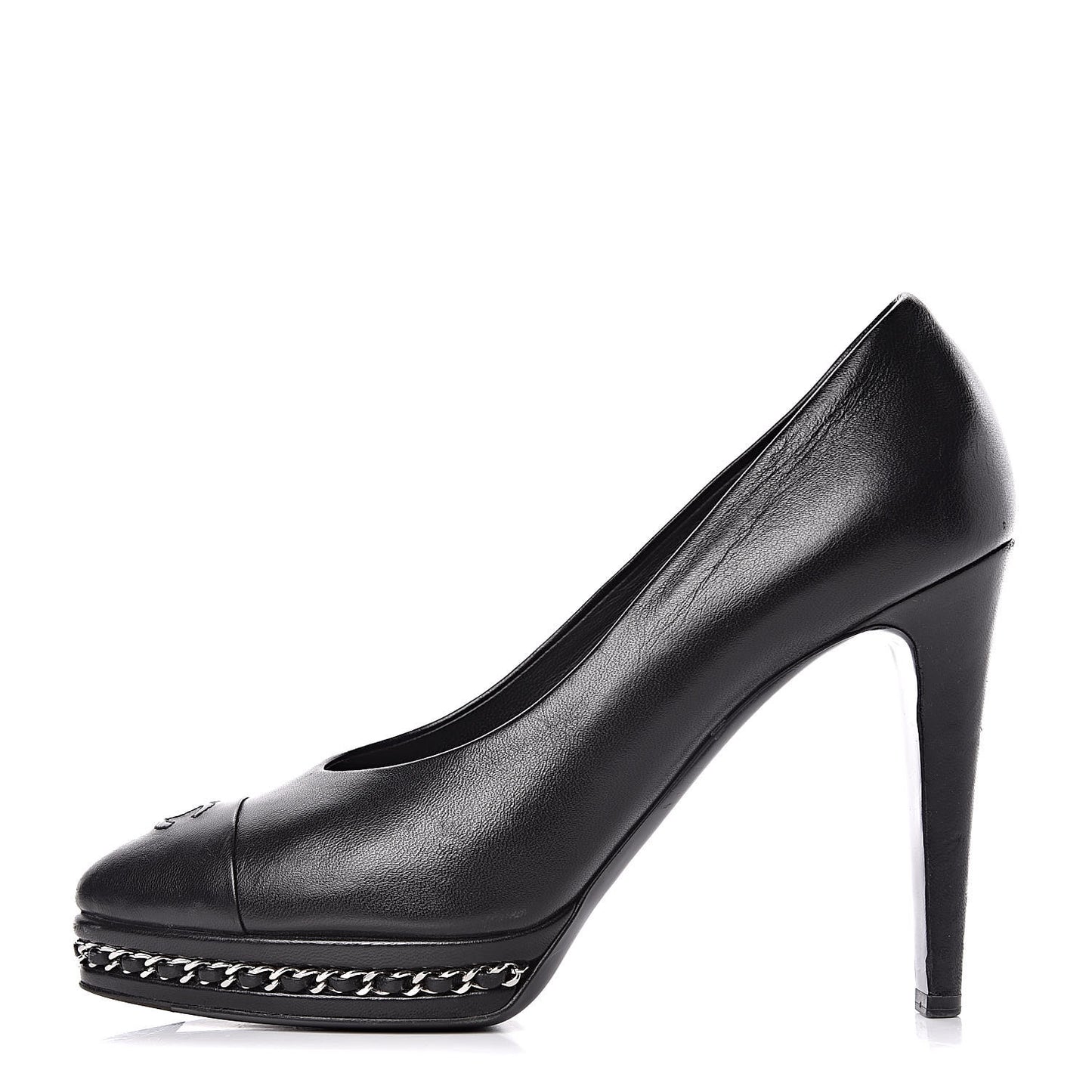 Lambskin CC Cap Toe Platform Chain Pumps 39 Black