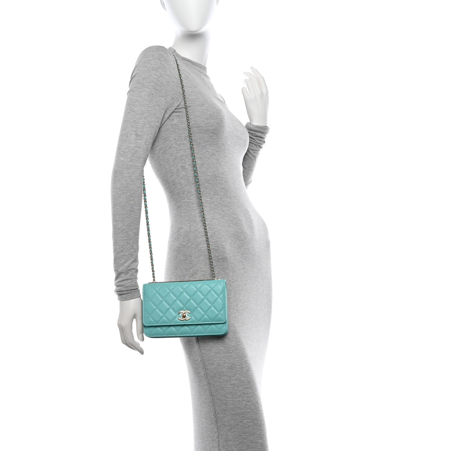 Chanel Lambskin Quilted Trendy CC Wallet On Chain WOC Turquoise 2 of 12
