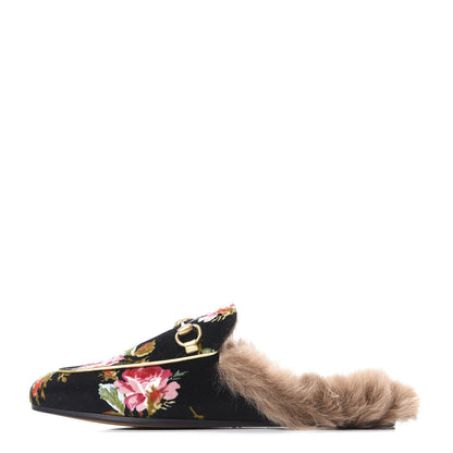 Gucci Velvet Fur Floral Womens Princetown Slippers 37 Black 1 of 8