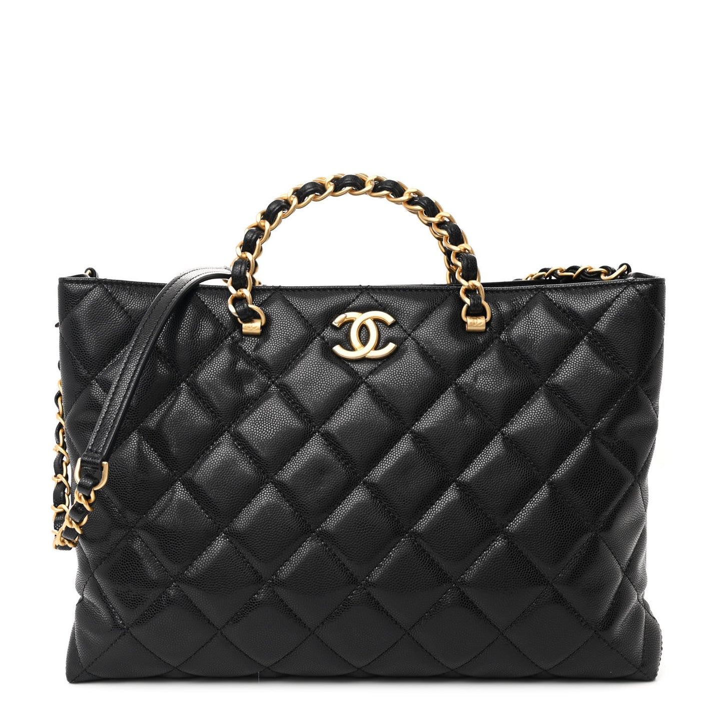 Shiny Caviar Quilted Chain Handle Shopping Tote Black