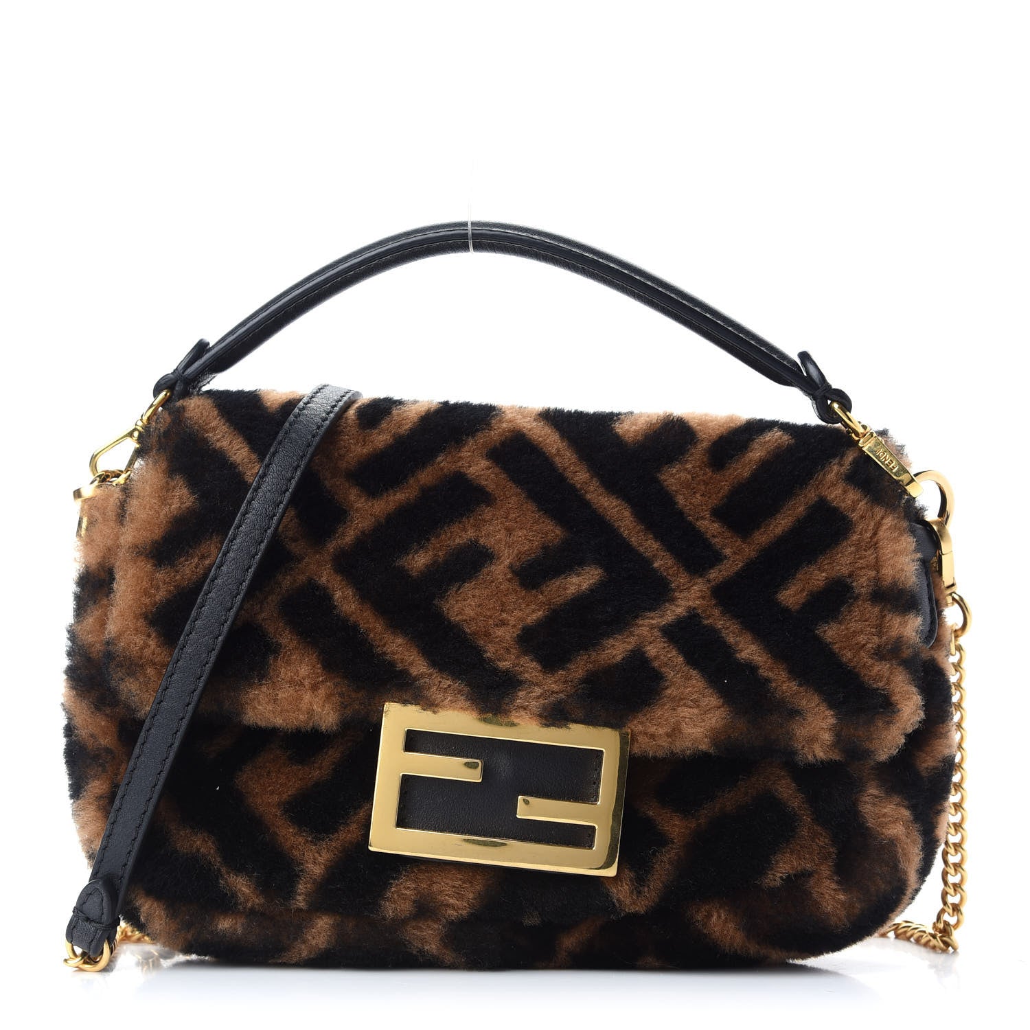 Fendi Shearling Vitello Dolce Macro FF 1974 Mini Baguette Tobacco Black 1 of 9