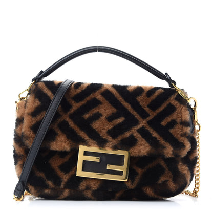 Fendi Shearling Vitello Dolce Macro FF 1974 Mini Baguette Tobacco Black 1 of 9